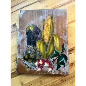 Vtg. Original Floral Still Life Oil Painting on Wood Block Corn Farmhouse Cowboy